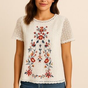 Umgee Women's White Lace Floral Embroidered Boho CottageCore Cottonblend Top Lg